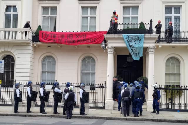 Protestors occupying 5 Belgrave Square, which is owned by the family of a sanctioned oligarch.