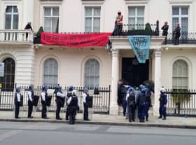 Protestors occupying 5 Belgrave Square, which is owned by the family of a sanctioned oligarch.