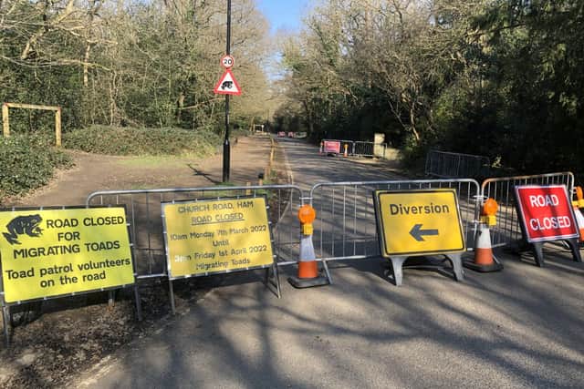 Road sign for the toad patrol at the west end of Church Road, Ham. Credit: SWNS