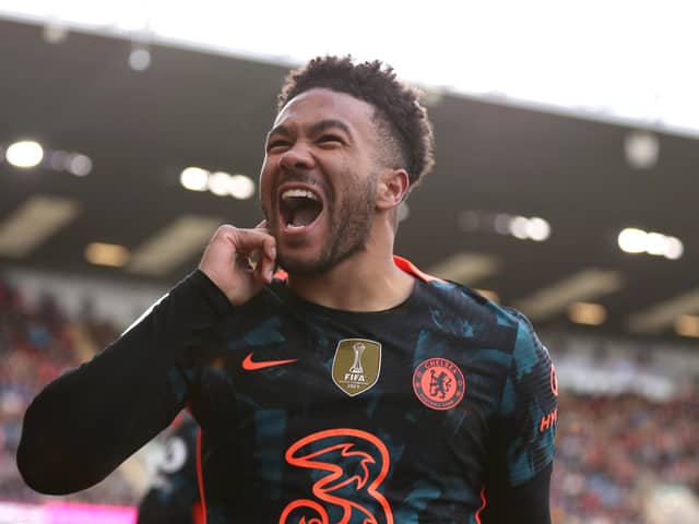 Reece James of Chelsea celebrates after scoring their team's first goal during the Premier League match Photo by Lewis Storey/Getty Images)