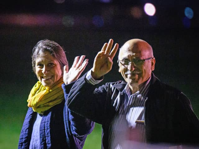 Nazanin Zaghari-Ratcliffe (L) and Anoosheh Ashoori, who were freed from Iran, wave after landing at RAF Brize Norton on March 17, 2022 in Brize Norton, England (Photo: Leon Neal/Getty Images)