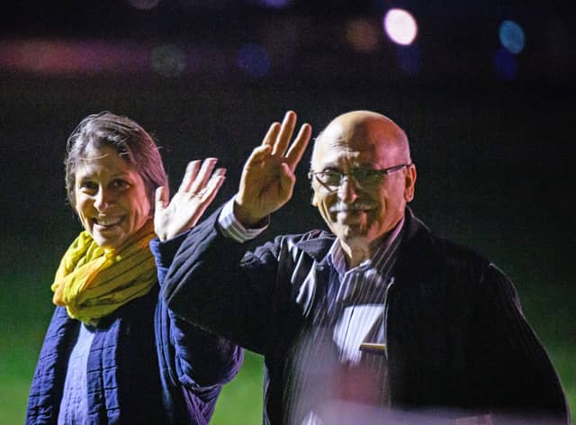 Nazanin Zaghari-Ratcliffe (L) and Anoosheh Ashoori, who were freed from Iran, wave after landing at RAF Brize Norton on March 17, 2022 in Brize Norton, England (Photo: Leon Neal/Getty Images)