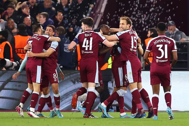 Andriy Yarmolenko of West Ham United celebrates with teammates (Photo by Julian Finney/Getty Images)