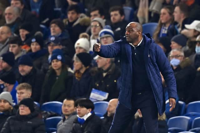 Crystal Palace’s French manager Patrick Vieira gestures from the sidelines during the English Premier League football match (Photo by GLYN KIRK/AFP via Getty Images)
