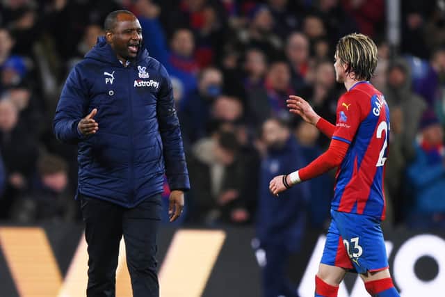 Patrick Vieira, Manager of Crystal Palace celebrates with Conor Gallagher of Crystal Palace at full-time (Photo by Justin Setterfield/Getty Images)