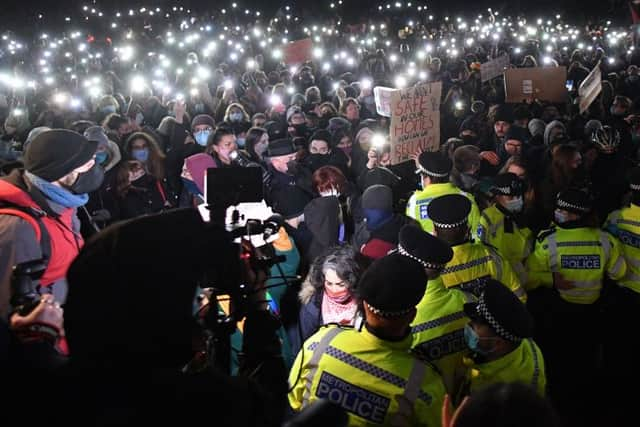 Police at the now infamous Sarah Everard vigil. Credit: JUSTIN TALLIS/AFP via Getty Images