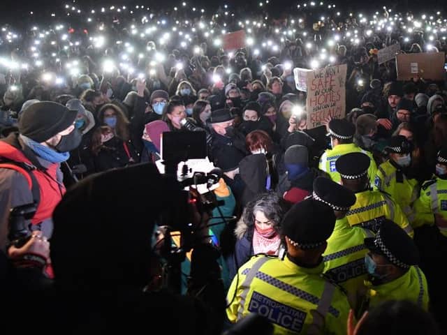 Police at the now infamous Sarah Everard vigil. Credit: JUSTIN TALLIS/AFP via Getty Images