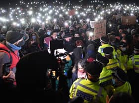 Police at the now infamous Sarah Everard vigil. Credit: JUSTIN TALLIS/AFP via Getty Images