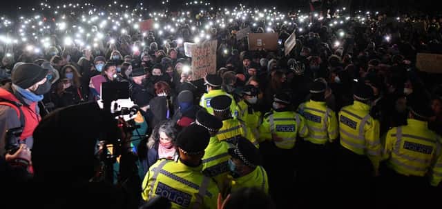 Police at the now infamous Sarah Everard vigil. Credit: JUSTIN TALLIS/AFP via Getty Images