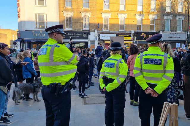 Police at the Child Q protest in Hackney. Photo: LW