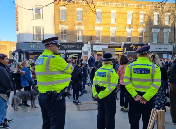 <p>Police at the Child Q protest in Hackney. Photo: LW</p>
