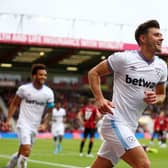 Aaron Cresswell of West Ham United celebrates after scoring his team’s second goal (Photo by Steve Bardens/Getty Images)