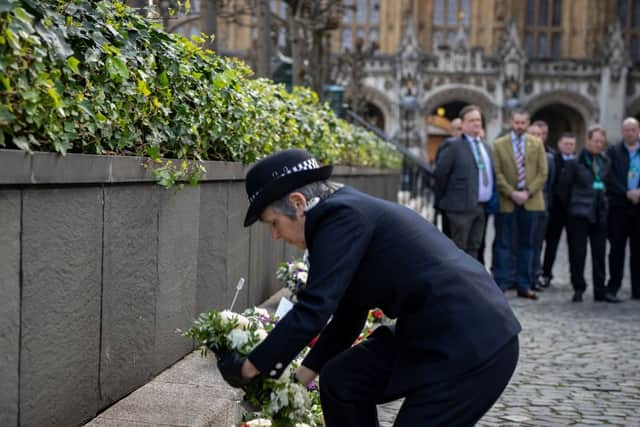 Commissioner Cressida Dick lays a wreath at memorial service for victims of Westminster terror attack