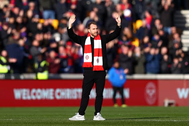 New signing Christian Eriksen of Brentford acknowledges the fans prior to the Premier League (Photo by Dan Istitene/Getty Images)
