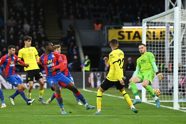 Hakim Ziyech of Chelsea scores their team’s first goal during the Premier League match  (Photo by Alex Broadway/Getty Images)