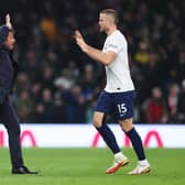 Antonio Conte celebrates with Eric Dier of Tottenham Hotspur after their side scored . (Photo by Alex Pantling/Getty Images )