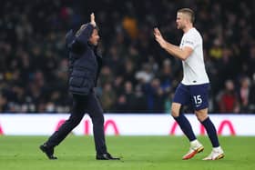 Antonio Conte celebrates with Eric Dier of Tottenham Hotspur after their side scored . (Photo by Alex Pantling/Getty Images )