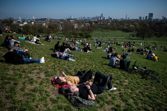 The scene at Primrose Hill on April 4, 2021 in London.  (Photo by Chris J Ratcliffe/Getty Images)