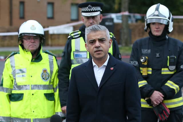 Mayor of London Sadiq Khan (C) addresses the media. Photo: Getty