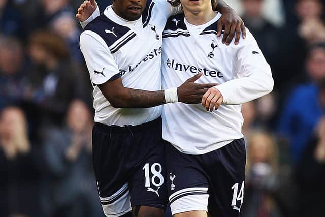 Jermain Defoe (L) of Tottenham Hotspur celebrates his second goal with Luka Modric. Credit: Richard Heathcote/Getty Images