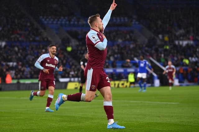 Jarrod Bowen of West Ham United celebrates after scoring their team's first goal (Photo by Laurence Griffiths/Getty Images)