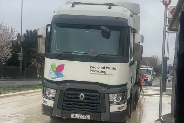 The lorry which has spilled concrete across the A406 eastbound between Bounds Green and Palmers Green. Credit: Ediz Mevlit