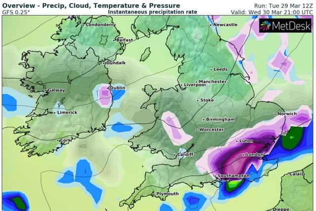 The dark area over London denotes heavy snowfall on Wednesday evening. (Image: WXCharts)