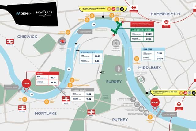 The boat race route with the best places to watch. Credit: The Boat Race