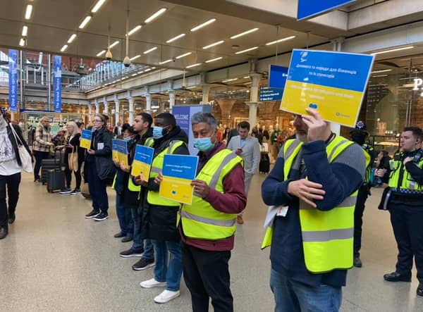 Camden volunteers greeting Ukrainian refugees off the Eurostar.