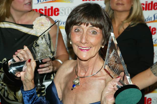 : Actress June Brown poses backstage during the “Inside Soap Awards Party” at La Rascasse, Cafe Grand Prix, September 27, 2004 in London. (Photo by Gareth Cattermole/Getty Images)