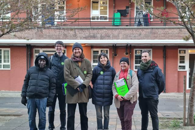 From left, two Green Party activists, candidates Alastair Binnie-Lubbock, Bettina Maidment and Charlie Norman, with London Assembly member Zack Polanski. Photo: LondonWorld