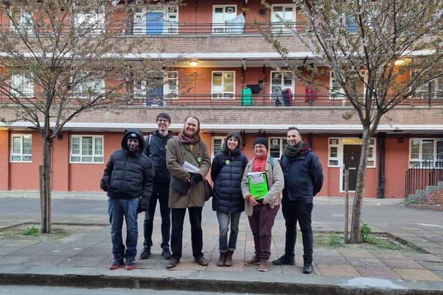 From left, two Green Party activists, candidates Alastair Binnie-Lubbock, Bettina Maidment and Charlie Norman, with London Assembly member Zack Polanski. Photo: LondonWorld