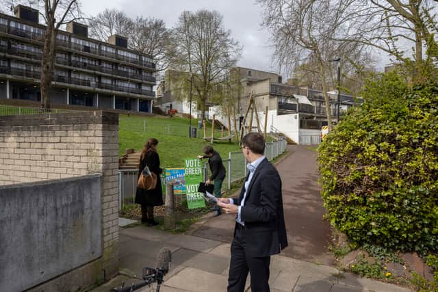 Green Party co-leaders Adrian Ramsay and Carla Denyer prepare to launch their local election campaign. Photo: Getty