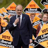 Liberal Democrat leader Ed Davey stands in front of party members at Wandle Park on April 6. Photo: Getty