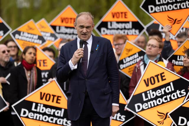 Liberal Democrat leader Ed Davey stands in front of party members at Wandle Park on April 6. Photo: Getty