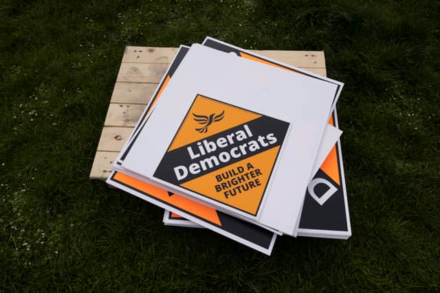 Liberal Democrat election material sits on a pallet prior to the launch of the local election campaign. Photo: Getty