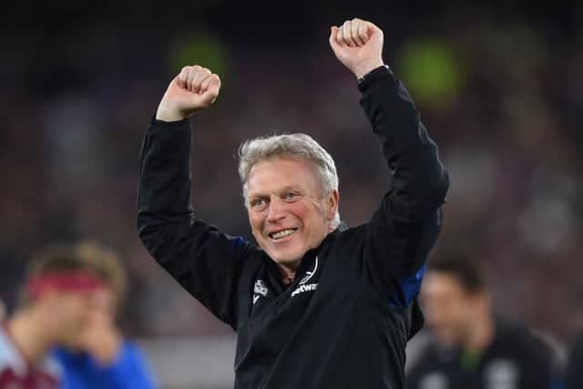 David Moyes celebrates after West Ham beat Sevilla. Credit: Justin Setterfield/Getty Images