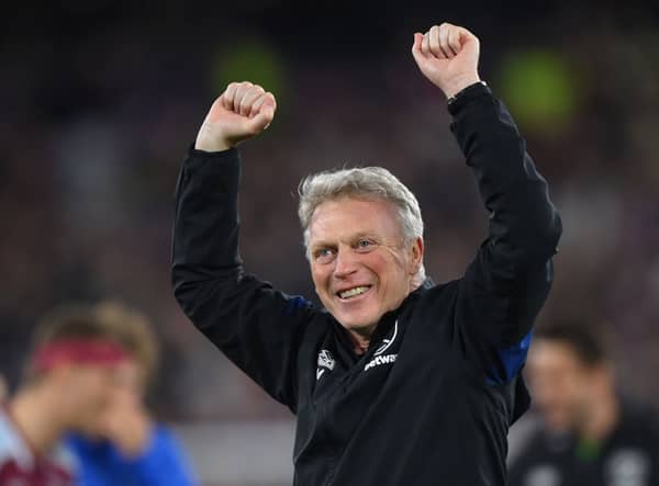 David Moyes celebrates after West Ham beat Sevilla. Credit: Justin Setterfield/Getty Images
