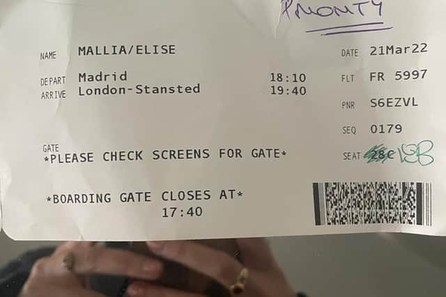 Elise Mallia’s boarding pass. Credit: Elise Mallia / SWNS