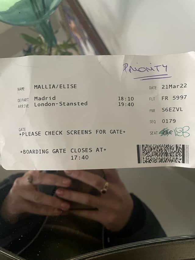 Elise Mallia’s boarding pass. Credit: Elise Mallia / SWNS