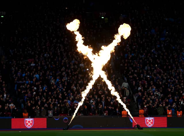 A general view inside the stadium as flames are set off prior to the UEFA Europa League (Photo by Mike Hewitt/Getty Images)