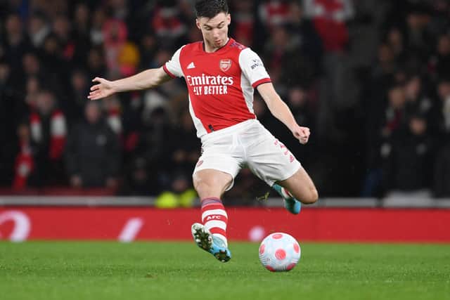  Kieran Tierney of Arsenal during the Premier League match  (Photo by Stuart MacFarlane/Arsenal FC via Getty Images)