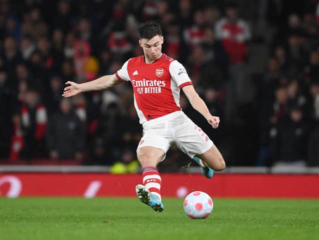 Kieran Tierney of Arsenal during the Premier League match (Photo by Stuart MacFarlane/Arsenal FC via Getty Images)