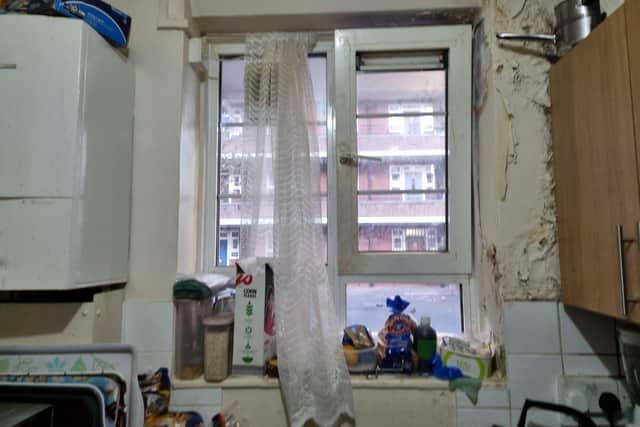 The wallpaper in Abiodun’s kitchen is peeling due to the damp. Photo: LondonWorld