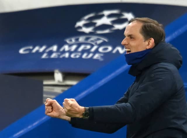 Chelsea's German head coach Thomas Tuchel celebrates after Chelsea's English midfielder Mason Mount (unseen) scored his team's second goal during the UEFA Champions League second leg semi-final football match between Chelsea and Real Madrid 