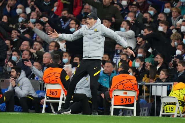 Thomas Tuchel, Manager of Chelsea reacts during the UEFA Champions League Quarter Final Leg (Photo by Angel Martinez/Getty Images)