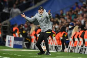  Thomas Tuchel, Manager of Chelsea reacts during the UEFA Champions League Quarter Final Leg (Photo by David Ramos/Getty Images)