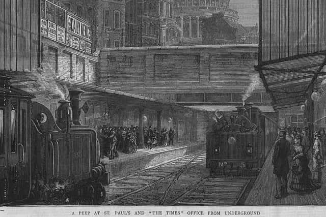 15th May 1875:  Underground station at Blackfriars, London with St Paul's Cathedral in background.  (Photo by Hulton Archive/Getty Images)