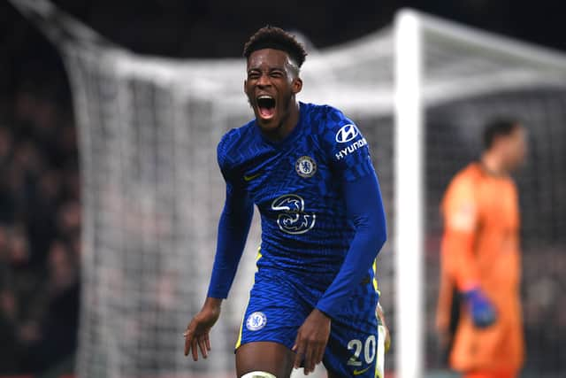  Callum Hudson-Odoi of Chelsea celebrates after scoring their side’s third goal (Photo by Mike Hewitt/Getty Images)