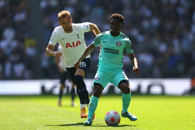 Tariq Lamptey of Brighton & Hove Albion controls the ball whilst under pressure from Harry Kane (Photo by Clive Rose/Getty Images)
